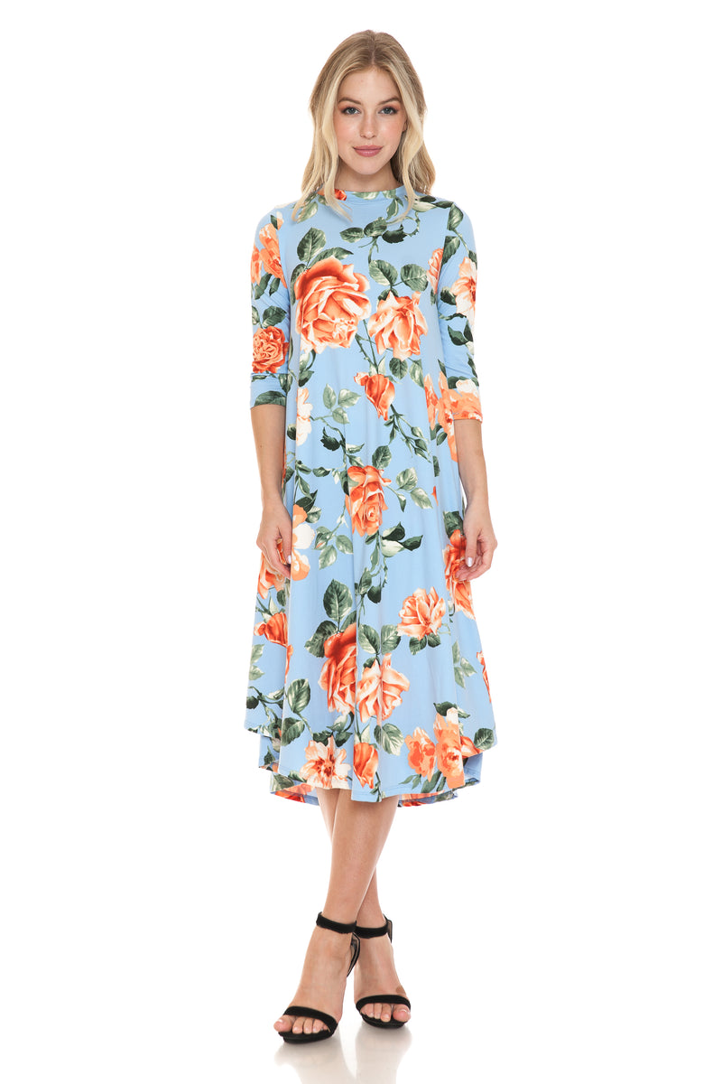 A-Line Swing Trapeze Midi Dress Floral