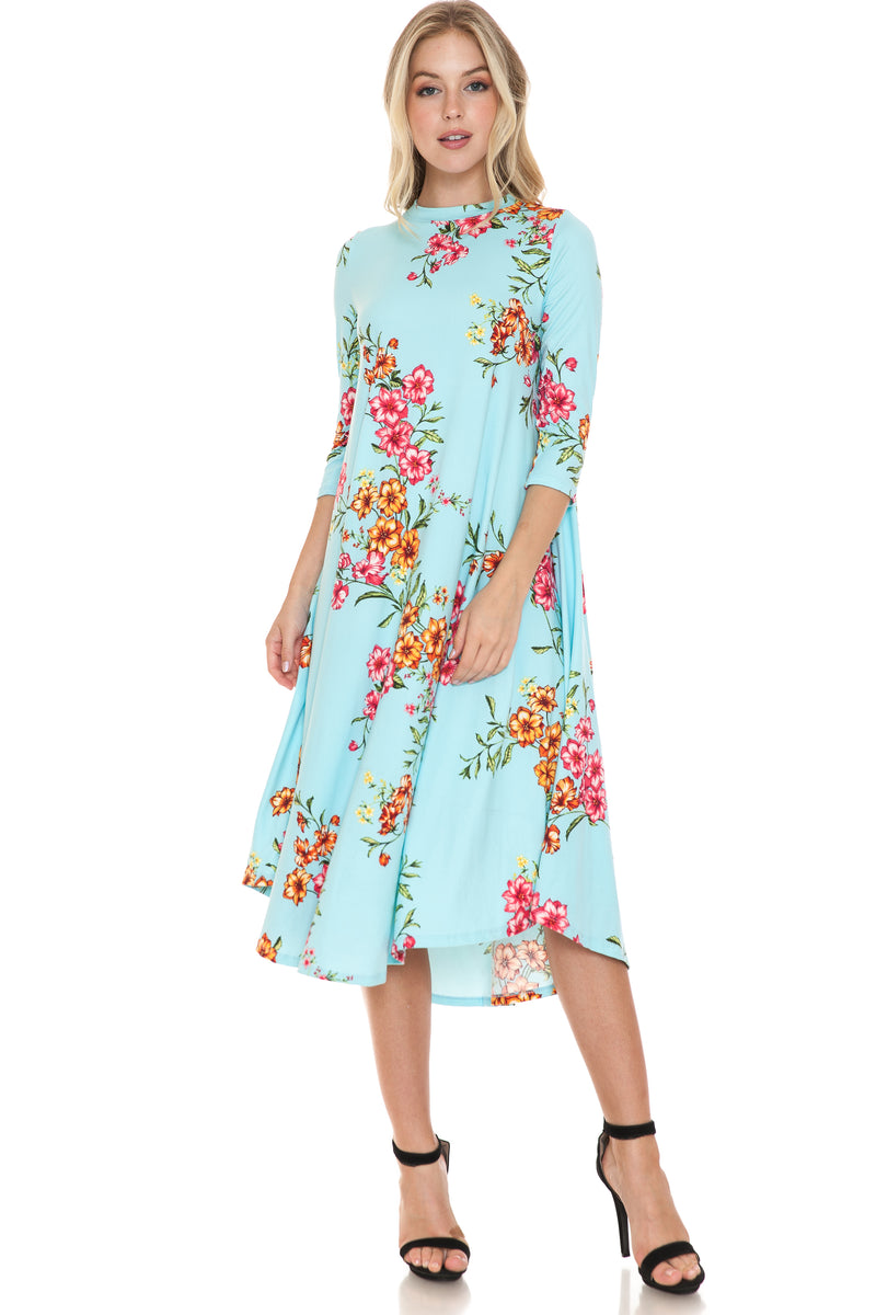 A-Line Swing Trapeze Midi Dress Floral