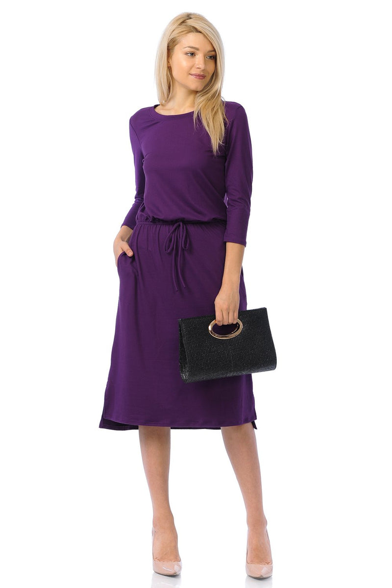 Relaxed Midi Dress with Elastic Waist Solid