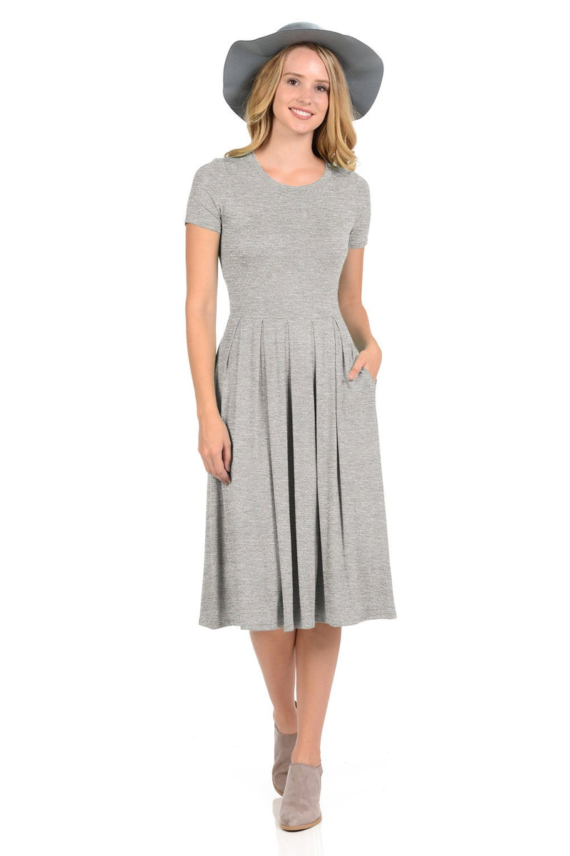 Short Sleeve Pleated Midi Dress with Pockets