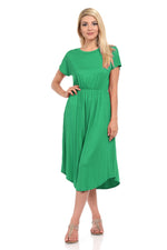 Short Sleeve Flare Midi Dress with Pockets Solid