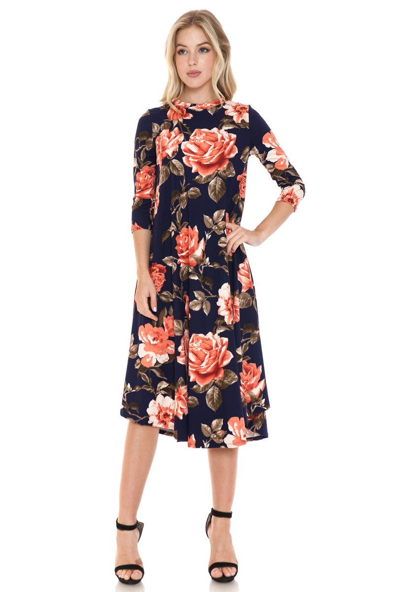 A-Line Swing Trapeze Midi Dress Floral