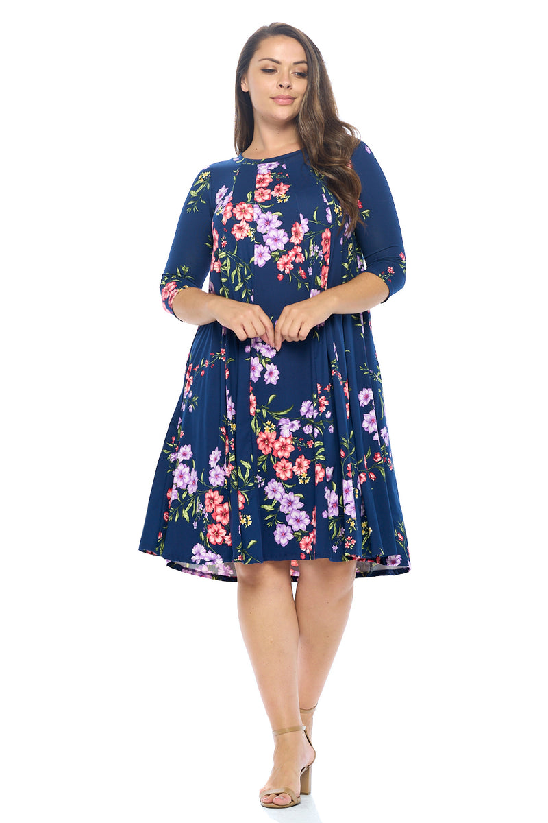 A-Line Trapeze Midi Dress Floral Print Plus Size