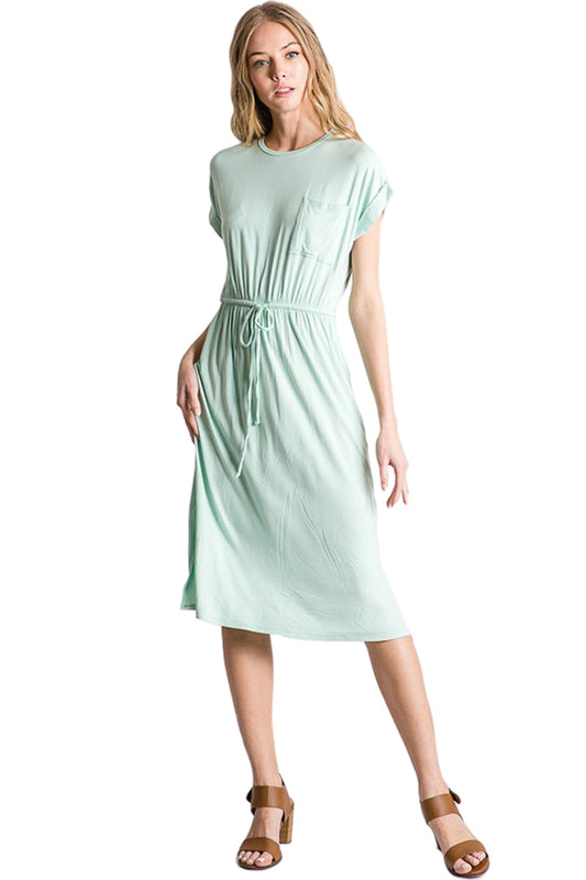 Short Sleeve Midi Dress with Drawstring Dress