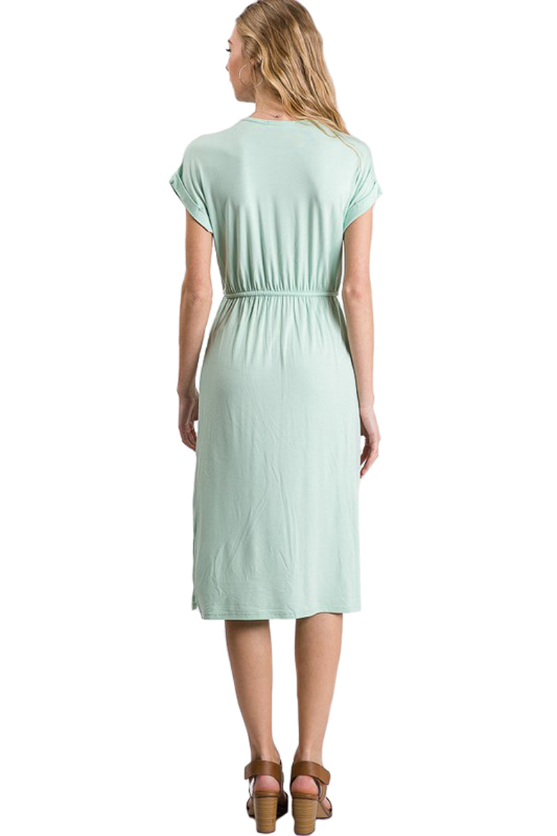 Short Sleeve Midi Dress with Drawstring Dress