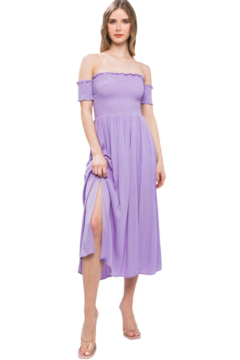 Smocked Off-Shoulder Midi Dress