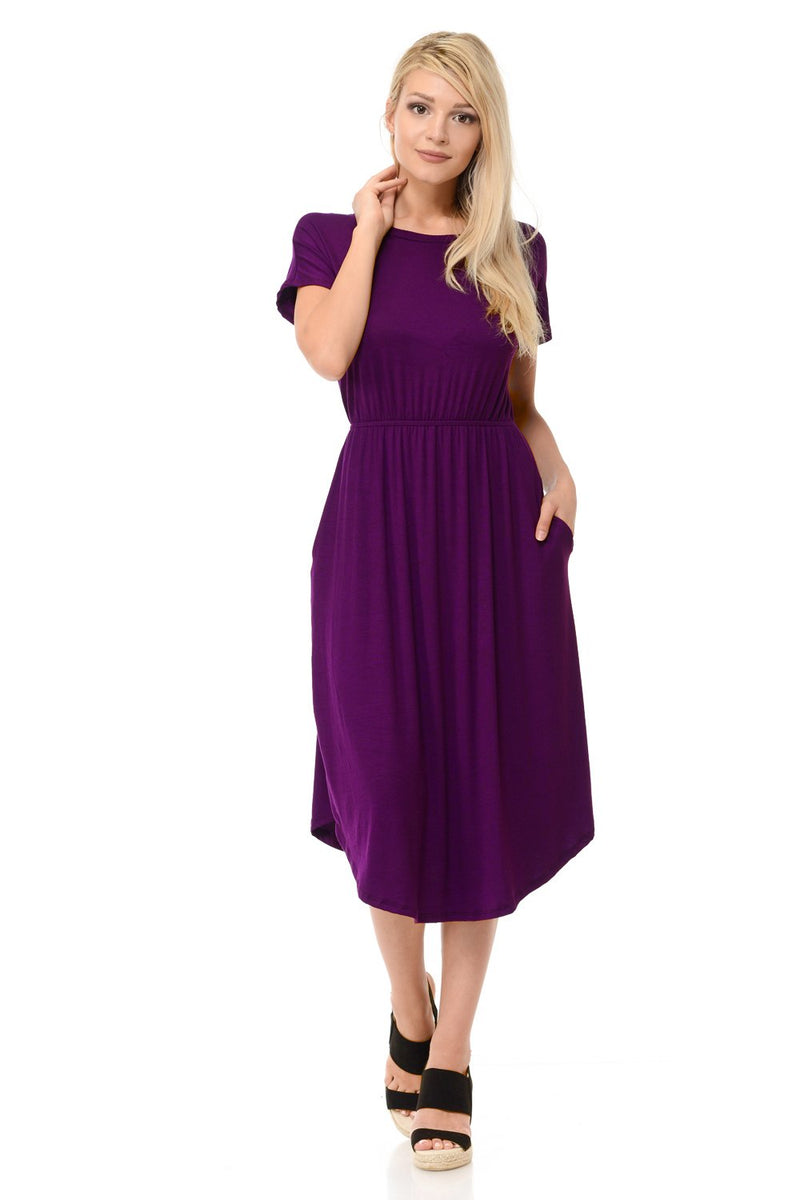 Short Sleeve Flare Midi Dress with Pockets Solid