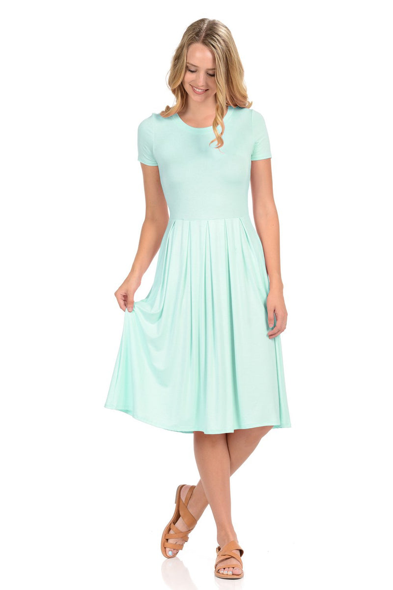 Short Sleeve Pleated Midi Dress with Pockets