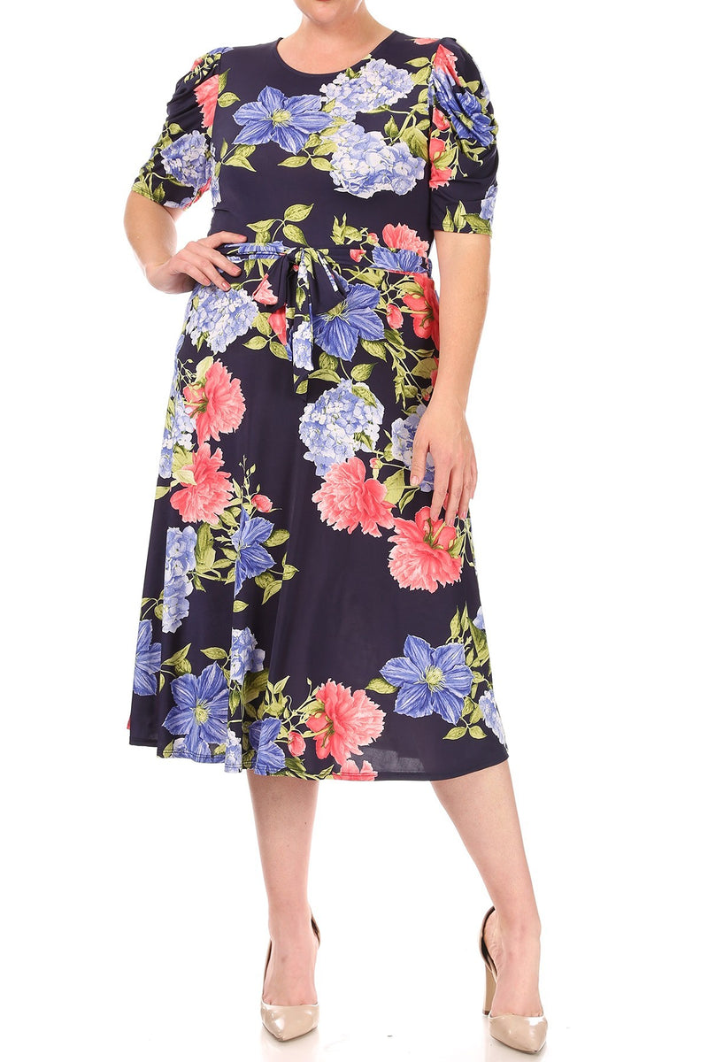 Print Midi Dress with Sash Tie Plus Size