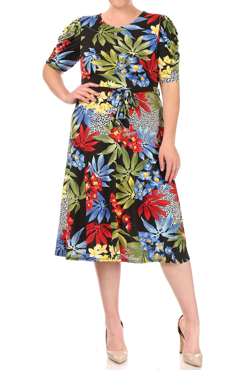 Print Midi Dress with Sash Tie Plus Size