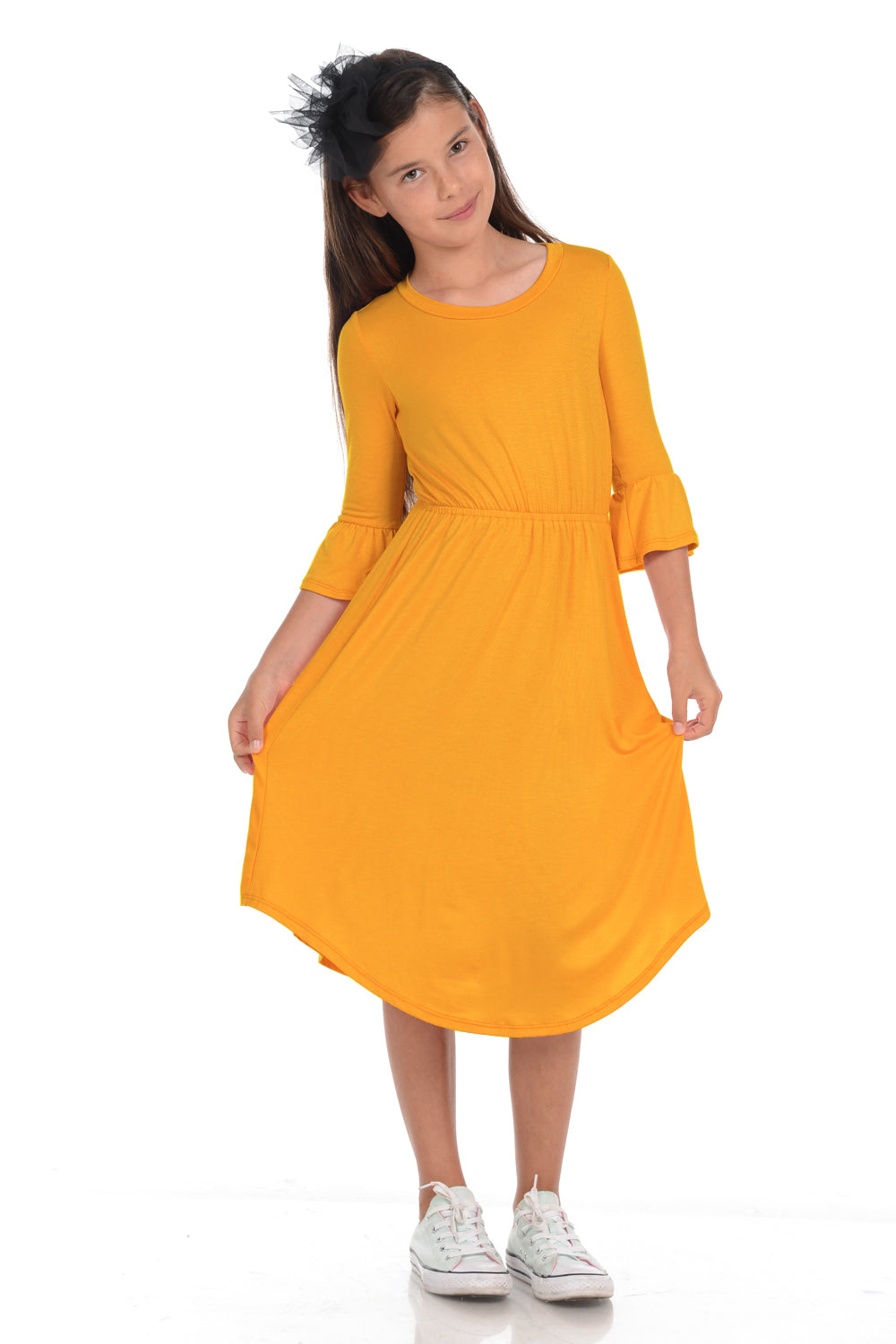 Fit and Flare Midi Dress with Bell Sleeve