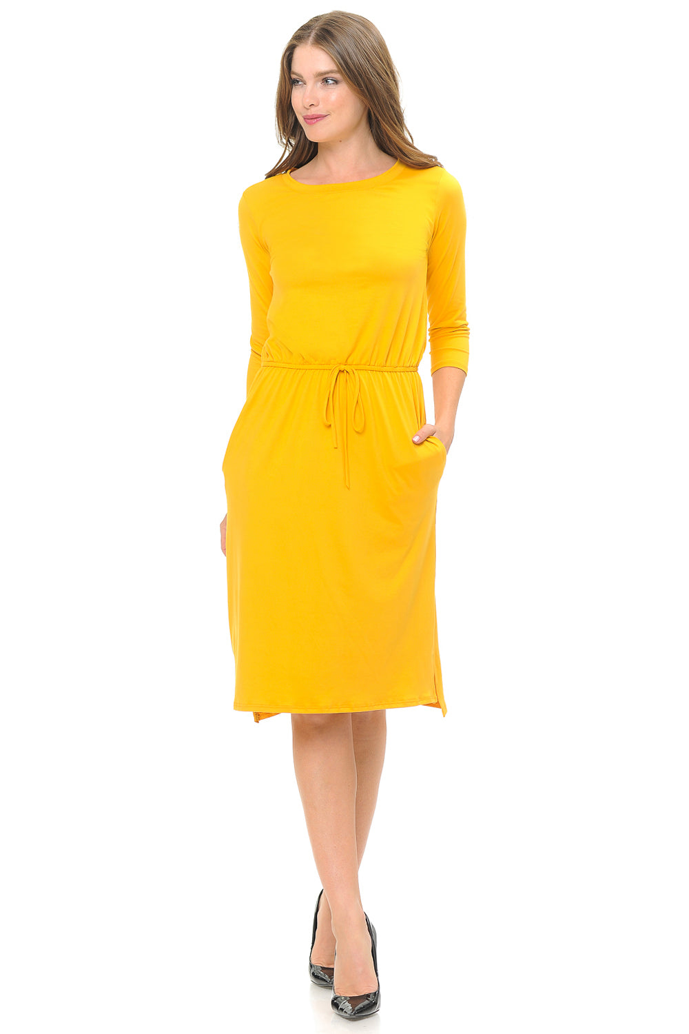 Relaxed Midi Dress with Elastic Waist Solid