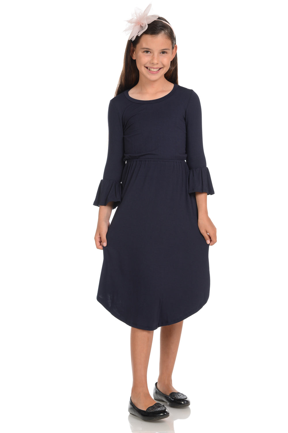 Fit and Flare Midi Dress with Bell Sleeve