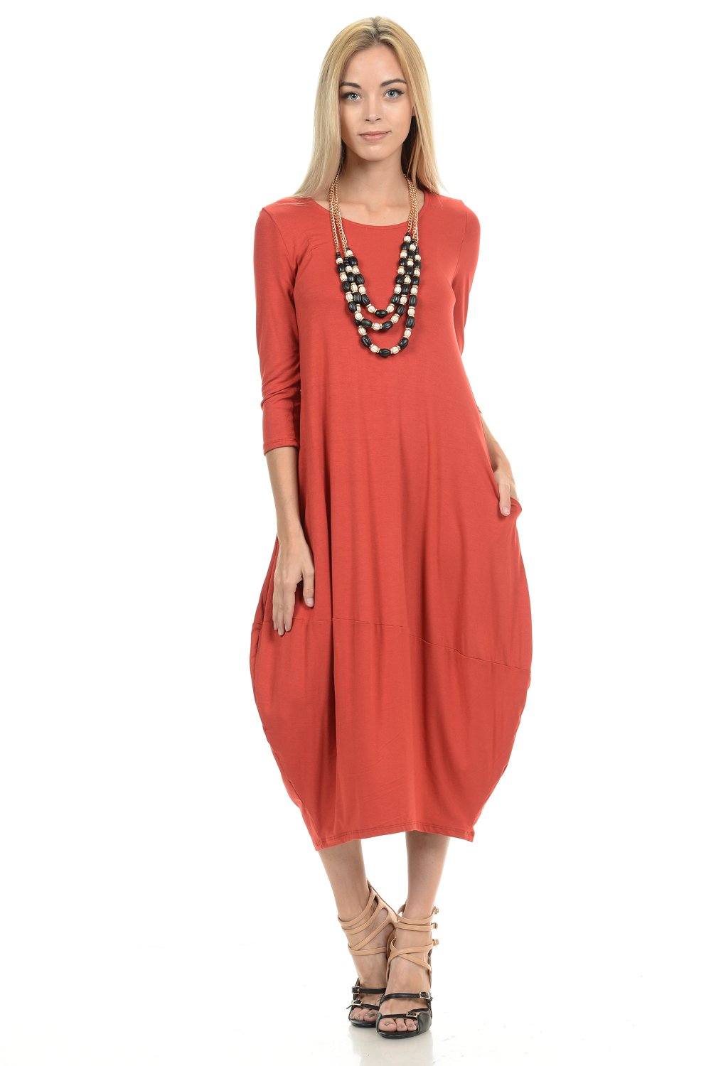 Cocoon 3/4 Sleeves Midi Dress