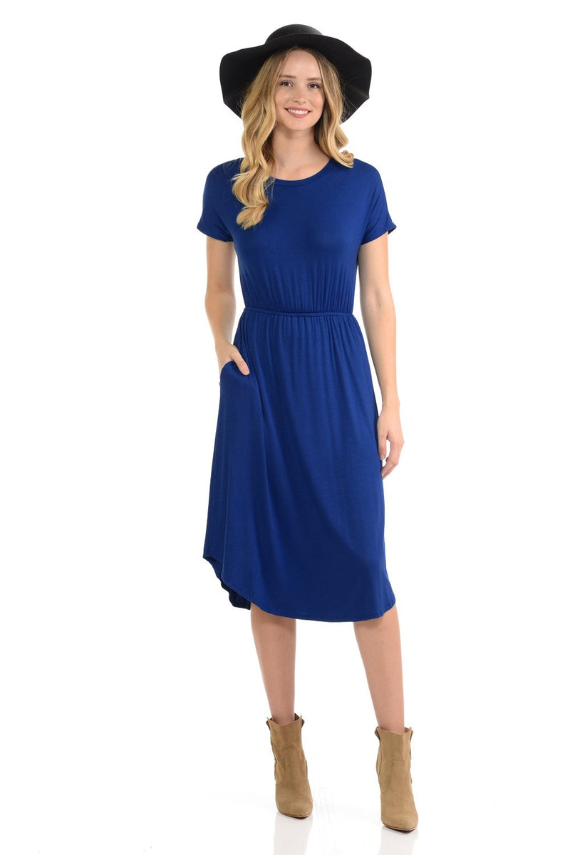 Short Sleeve Flare Midi Dress with Pockets Solid