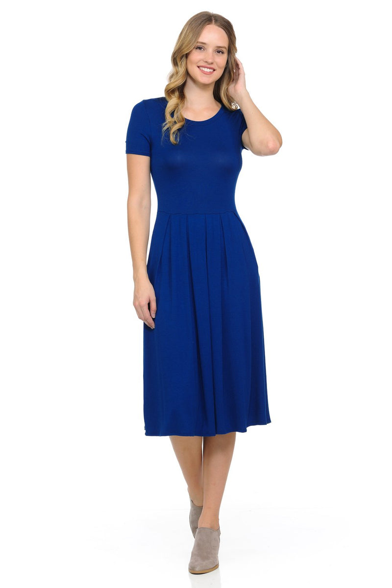 Short Sleeve Pleated Midi Dress with Pockets