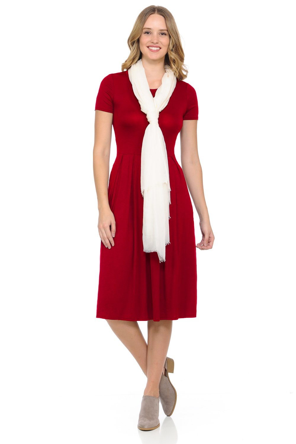 Short Sleeve Pleated Midi Dress with Pockets