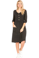 Faux Button Midi Dress with Patched Pockets