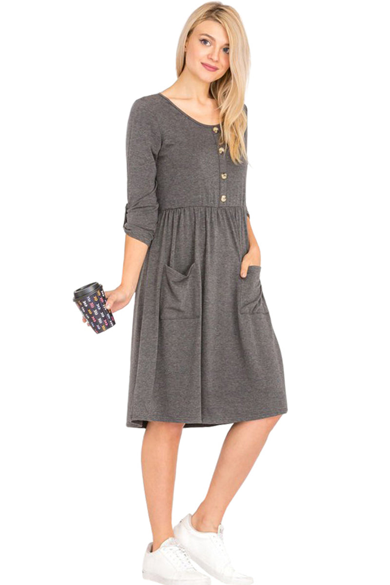 Faux Button Midi Dress with Patched Pockets