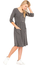 Faux Button Midi Dress with Patched Pockets