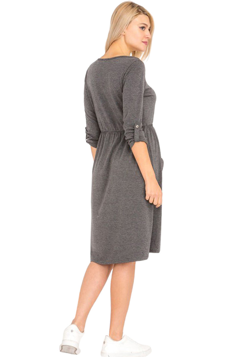 Faux Button Midi Dress with Patched Pockets