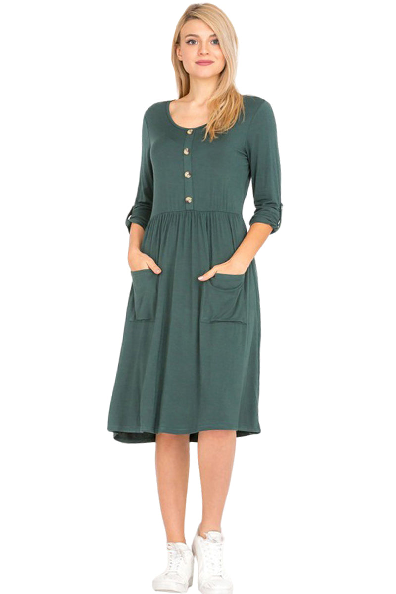 Faux Button Midi Dress with Patched Pockets