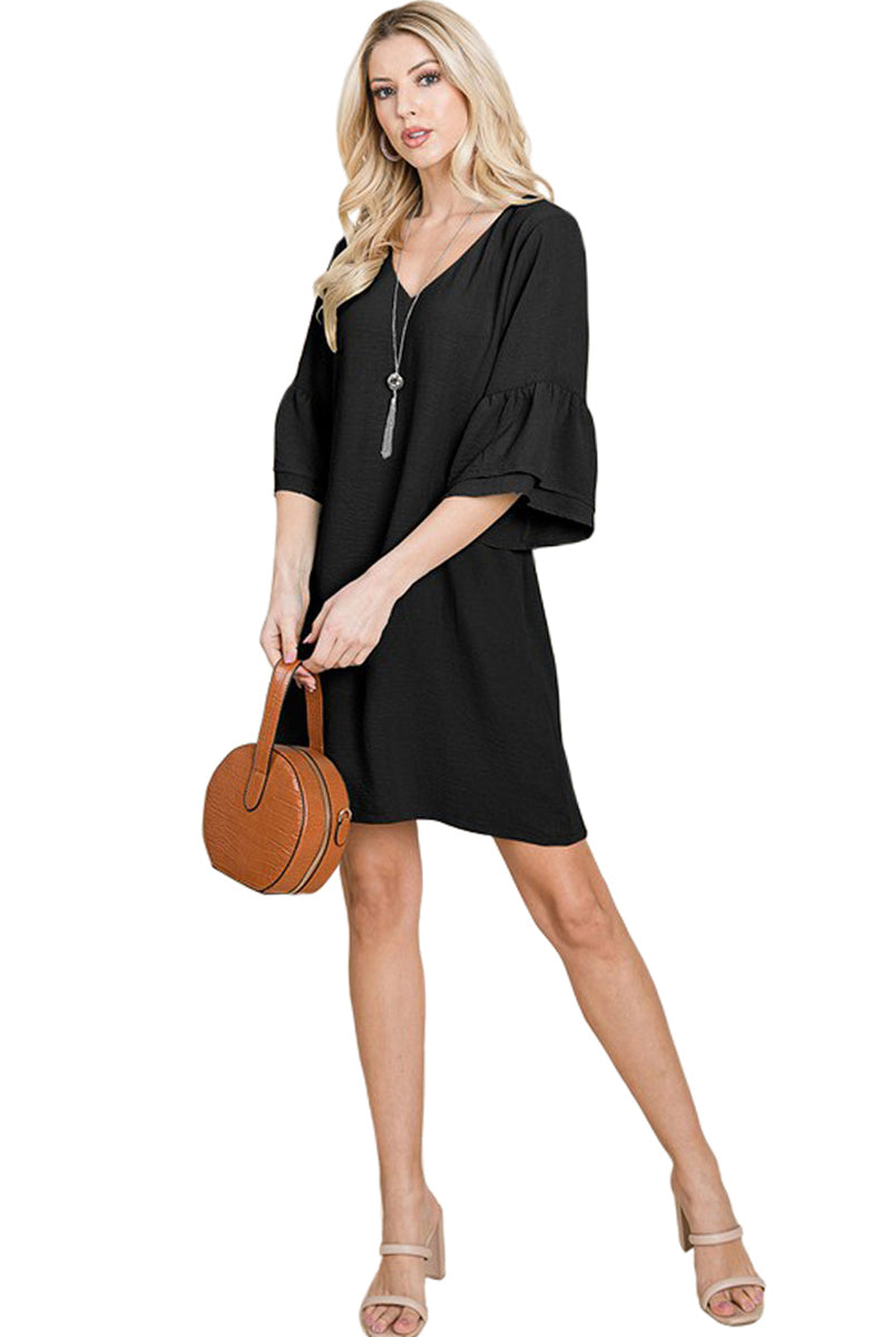 V-Neck Flounce Ruffle Sleeve Dress