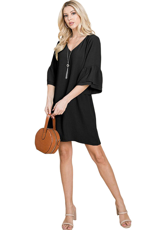 V-Neck Flounce Ruffle Sleeve Dress